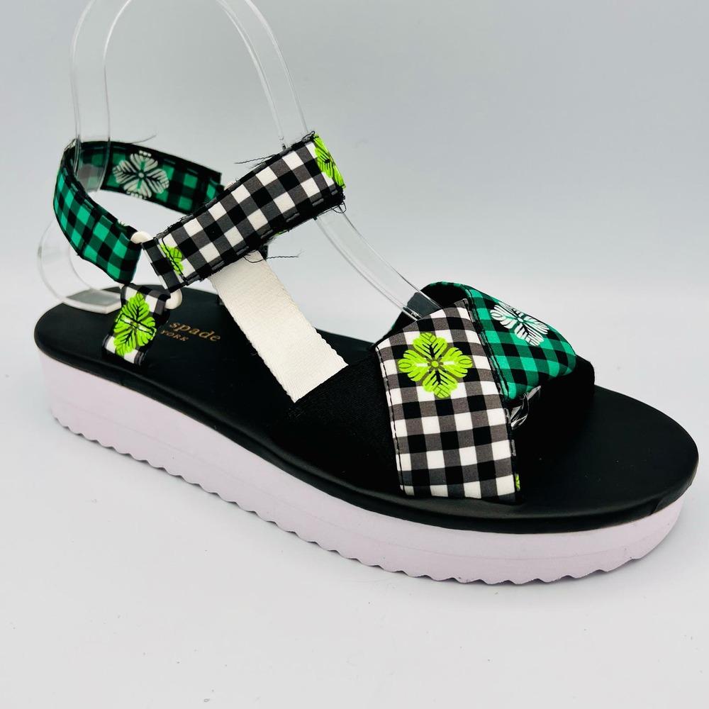 Kate Spade Dotty Gingham Platform Sandals Womens size 7B Black Green Floral EUC